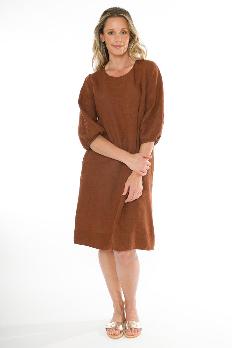 JUMP Clothing Linen Crew Neck Dress - Sepia