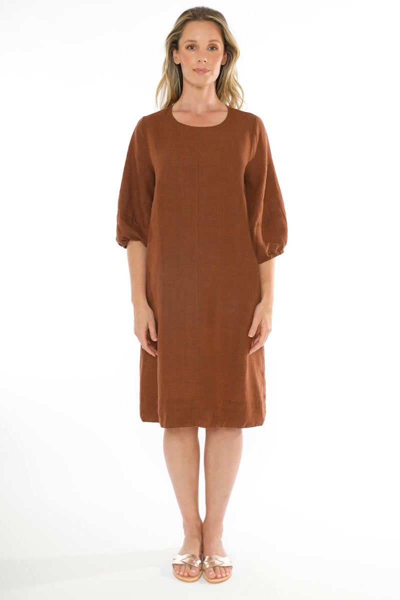 JUMP Clothing Linen Crew Neck Dress - Sepia