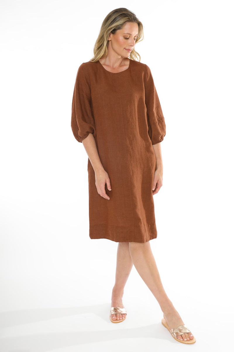 JUMP Clothing Linen Crew Neck Dress - Sepia