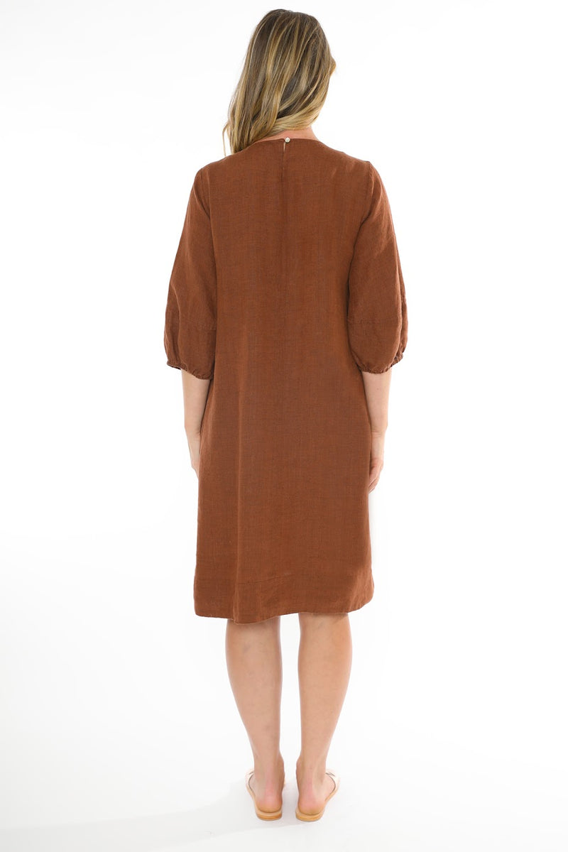 JUMP Clothing Linen Crew Neck Dress - Sepia