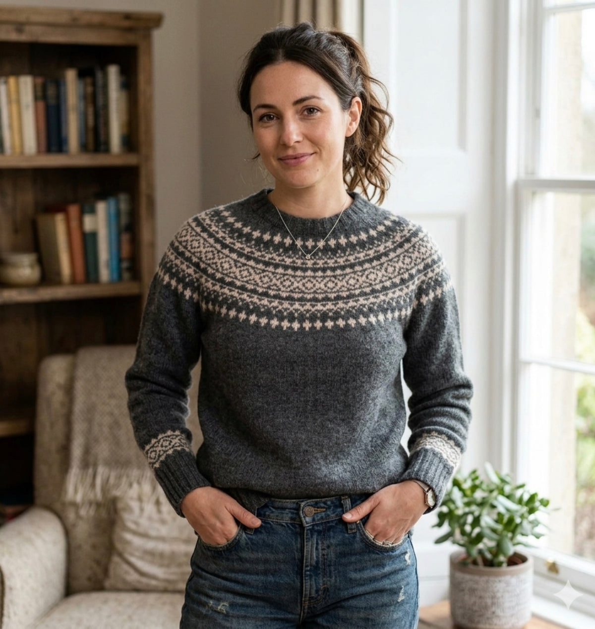 Harley of Scotland - Fair Isle Jumper - Basalt/ Vanilla