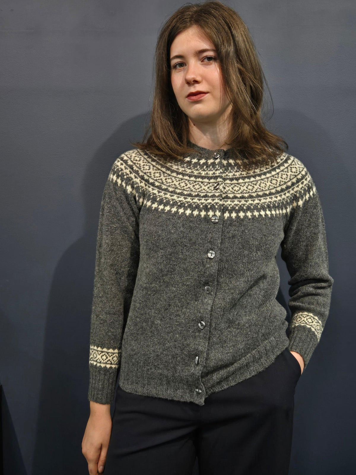 Harley of Scotland - Fair Isle Crew Cardigan - Basalt/ Vanilla