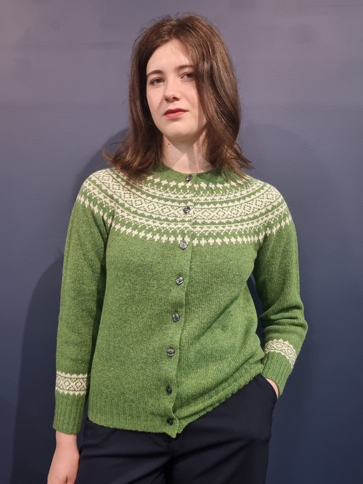 Harley of Scotland - Fair Isle Crew Cardigan - Baize/Snow White