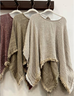 Rustic ‘Liza’ Fringed Linen Poncho Top - Burgundy