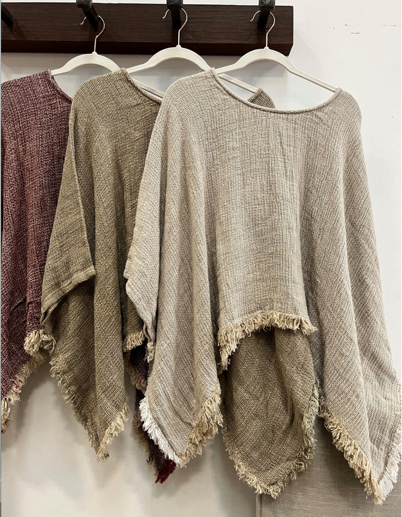 Rustic ‘Liza’ Fringed Linen Poncho Top - Bone