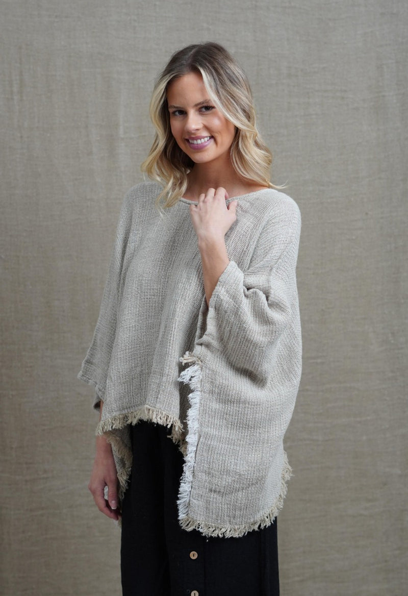 Rustic ‘Liza’ Fringed Linen Poncho Top - Bone