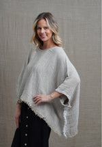 Rustic ‘Liza’ Fringed Linen Poncho Top - Bone