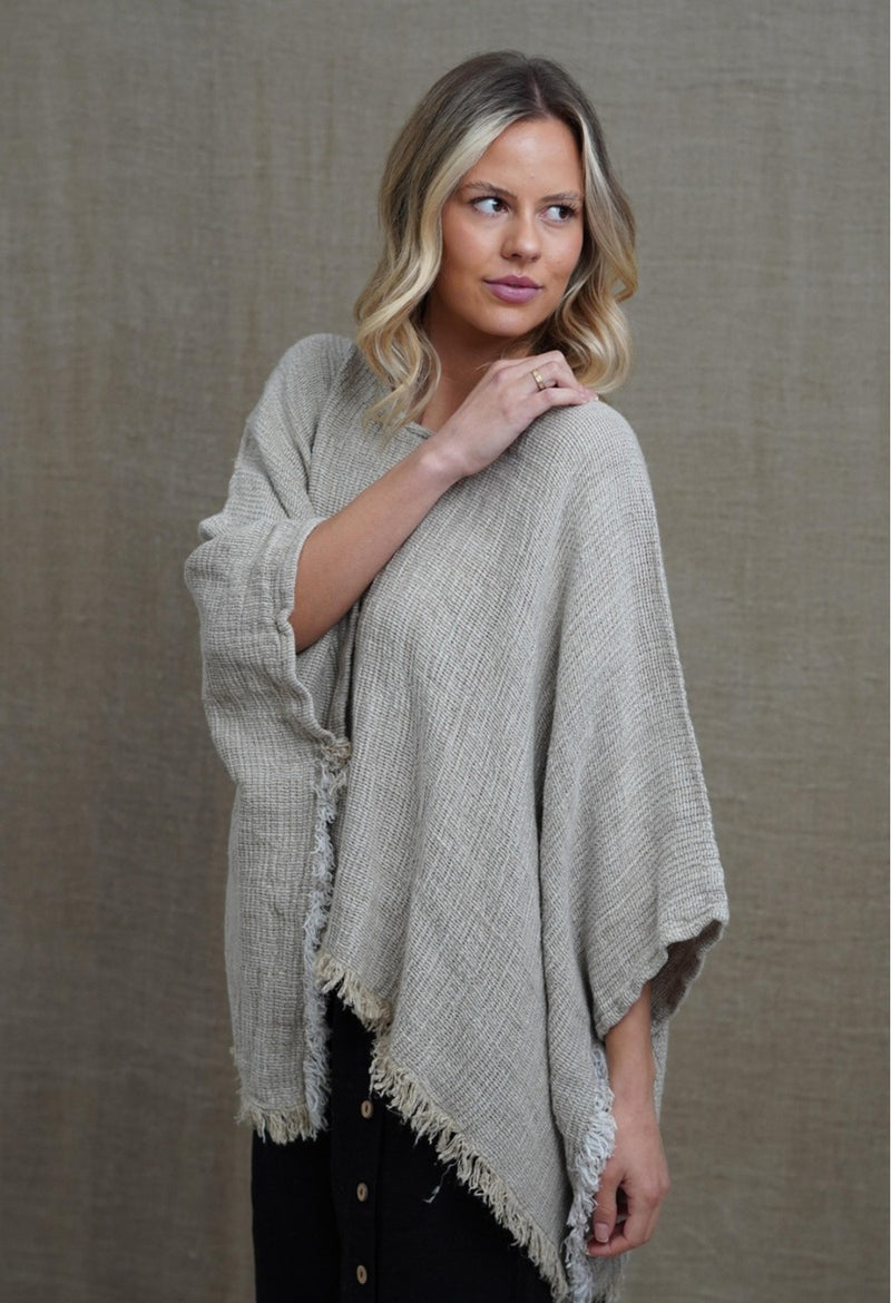 Rustic ‘Liza’ Fringed Linen Poncho Top - Bone