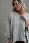 Rustic ‘Liza’ Fringed Linen Poncho Top - Bone