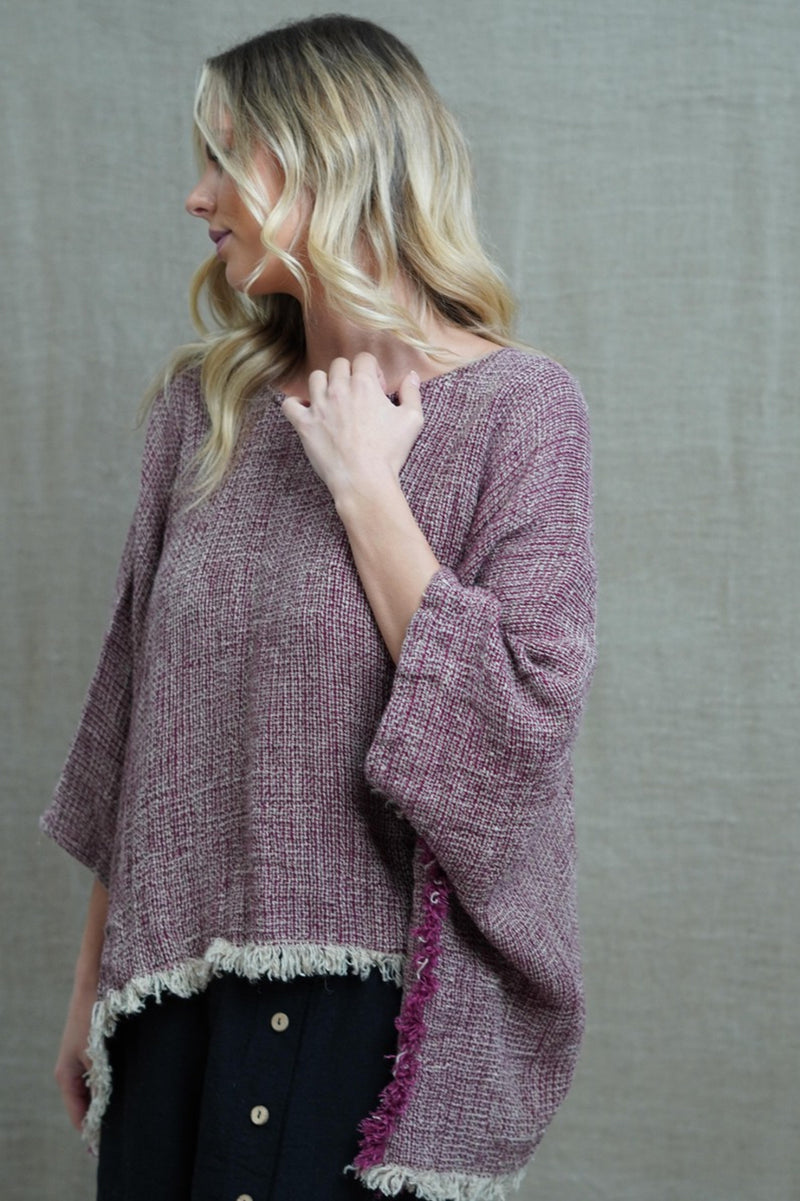 Rustic ‘Liza’ Fringed Linen Poncho Top - Burgundy