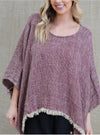 Rustic ‘Liza’ Fringed Linen Poncho Top - Burgundy