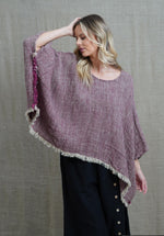 Rustic ‘Liza’ Fringed Linen Poncho Top - Burgundy