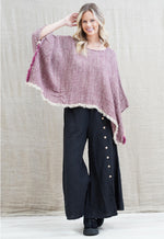 Rustic ‘Liza’ Fringed Linen Poncho Top - Burgundy