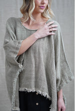 Rustic ‘Liza’ Fringed Linen Poncho Top - Olive