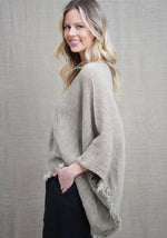 Rustic ‘Liza’ Fringed Linen Poncho Top - Olive