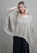 Rustic ‘Liza’ Fringed Linen Poncho Top - Olive