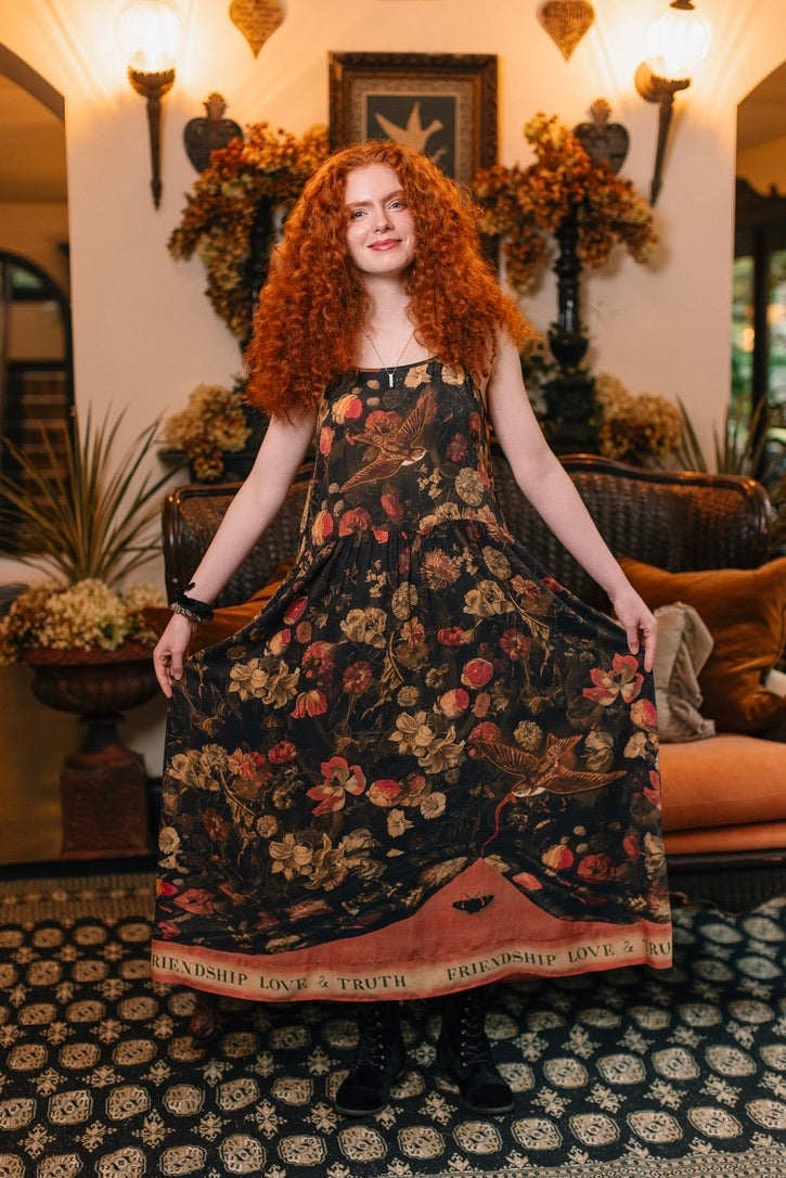 Market Of Stars ‘Heart of Gold’ Print Bohemian Long Maxi Bamboo Slip Dress - w/ Sacred Heart