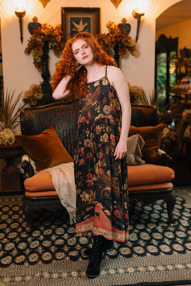 Market Of Stars ‘Heart of Gold’ Print Bohemian Long Maxi Bamboo Slip Dress - w/ Sacred Heart