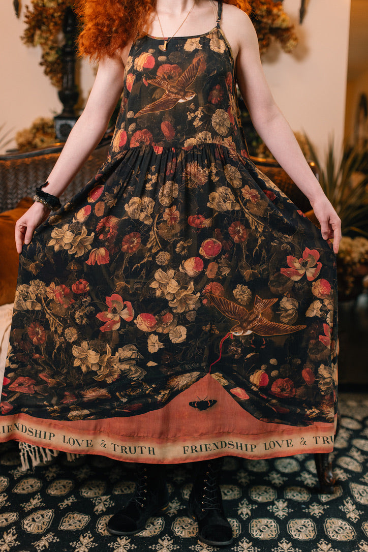 Market Of Stars ‘Heart of Gold’ Print Bohemian Long Maxi Bamboo Slip Dress - w/ Sacred Heart