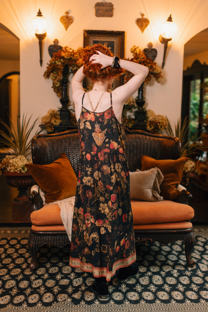 Market Of Stars ‘Heart of Gold’ Print Bohemian Long Maxi Bamboo Slip Dress - w/ Sacred Heart