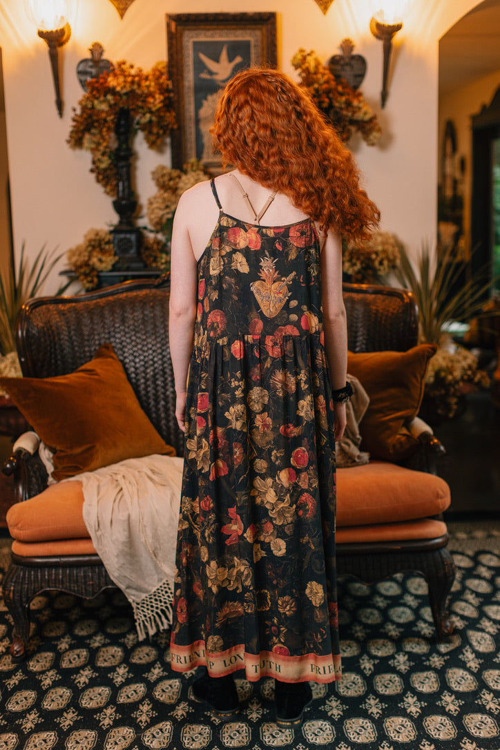Market Of Stars ‘Heart of Gold’ Print Bohemian Long Maxi Bamboo Slip Dress - w/ Sacred Heart