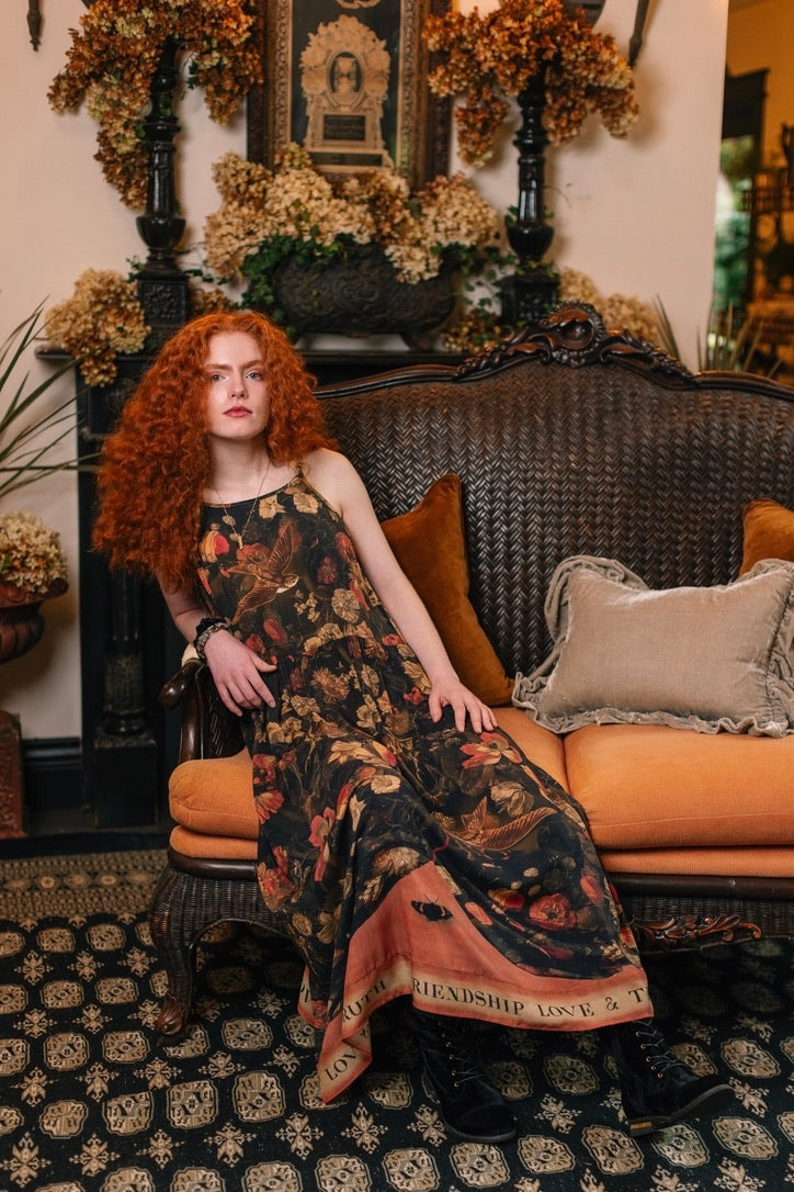 Market Of Stars ‘Heart of Gold’ Print Bohemian Long Maxi Bamboo Slip Dress - w/ Sacred Heart