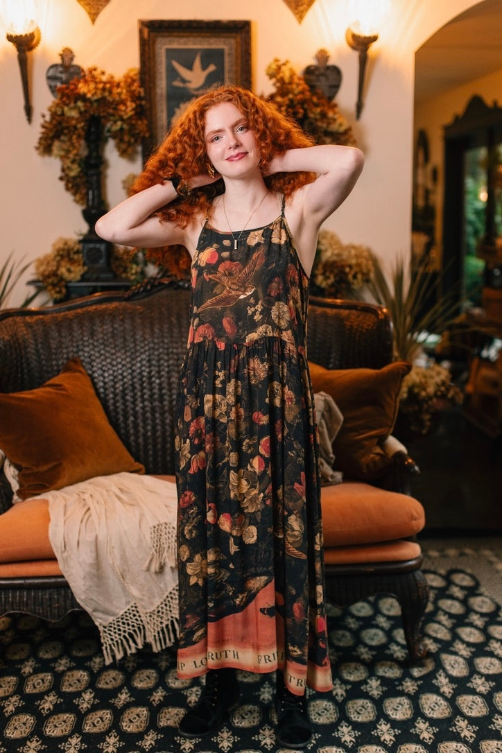 Market Of Stars ‘Heart of Gold’ Print Bohemian Long Maxi Bamboo Slip Dress - w/ Sacred Heart
