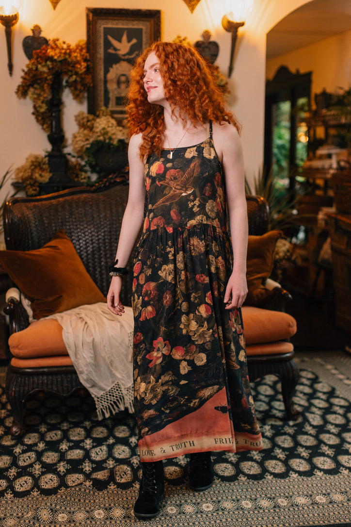 Market Of Stars ‘Heart of Gold’ Print Bohemian Long Maxi Bamboo Slip Dress - w/ Sacred Heart