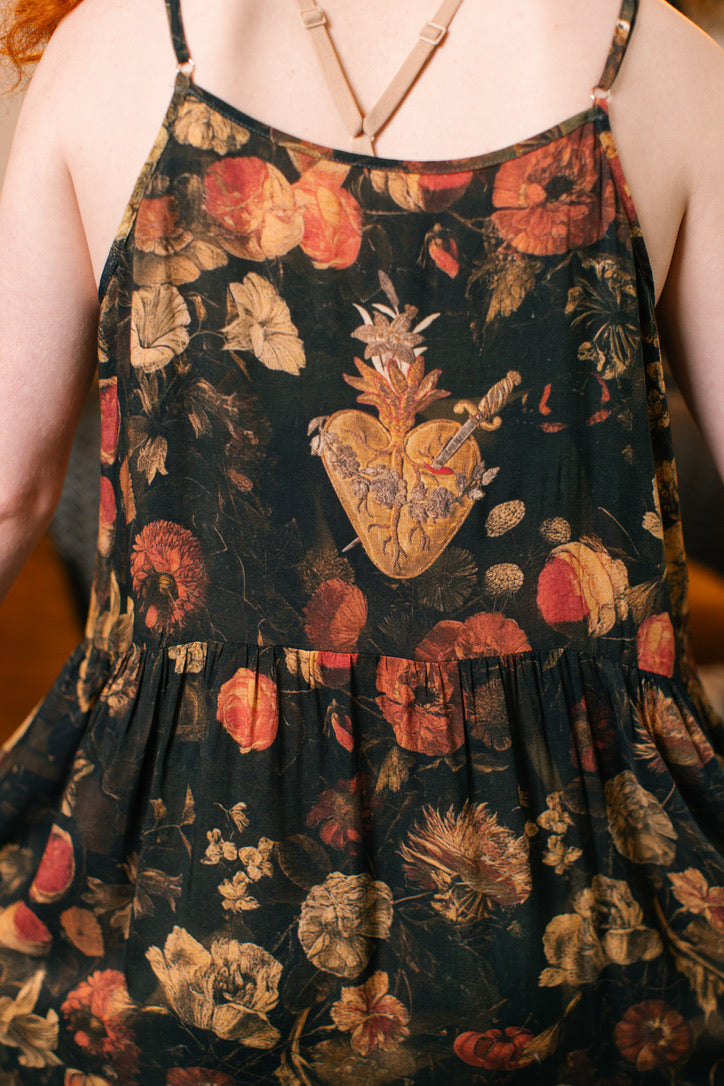 Market Of Stars ‘Heart of Gold’ Print Bohemian Long Maxi Bamboo Slip Dress - w/ Sacred Heart