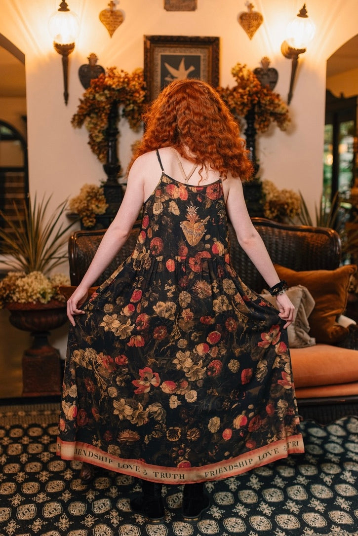 Market Of Stars ‘Heart of Gold’ Print Bohemian Long Maxi Bamboo Slip Dress - w/ Sacred Heart
