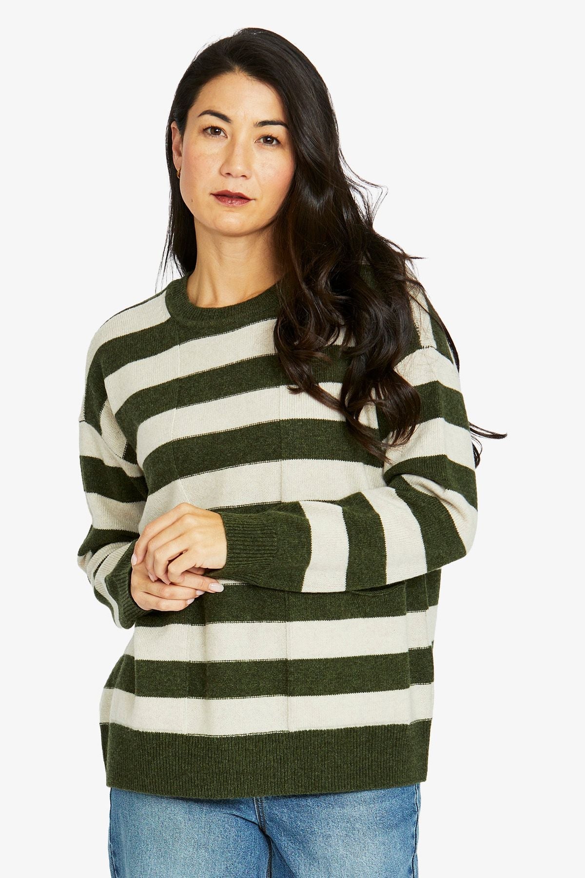 Jump Clothing Oversized Two Pocket Stripe Pullover - Thyme/Natural