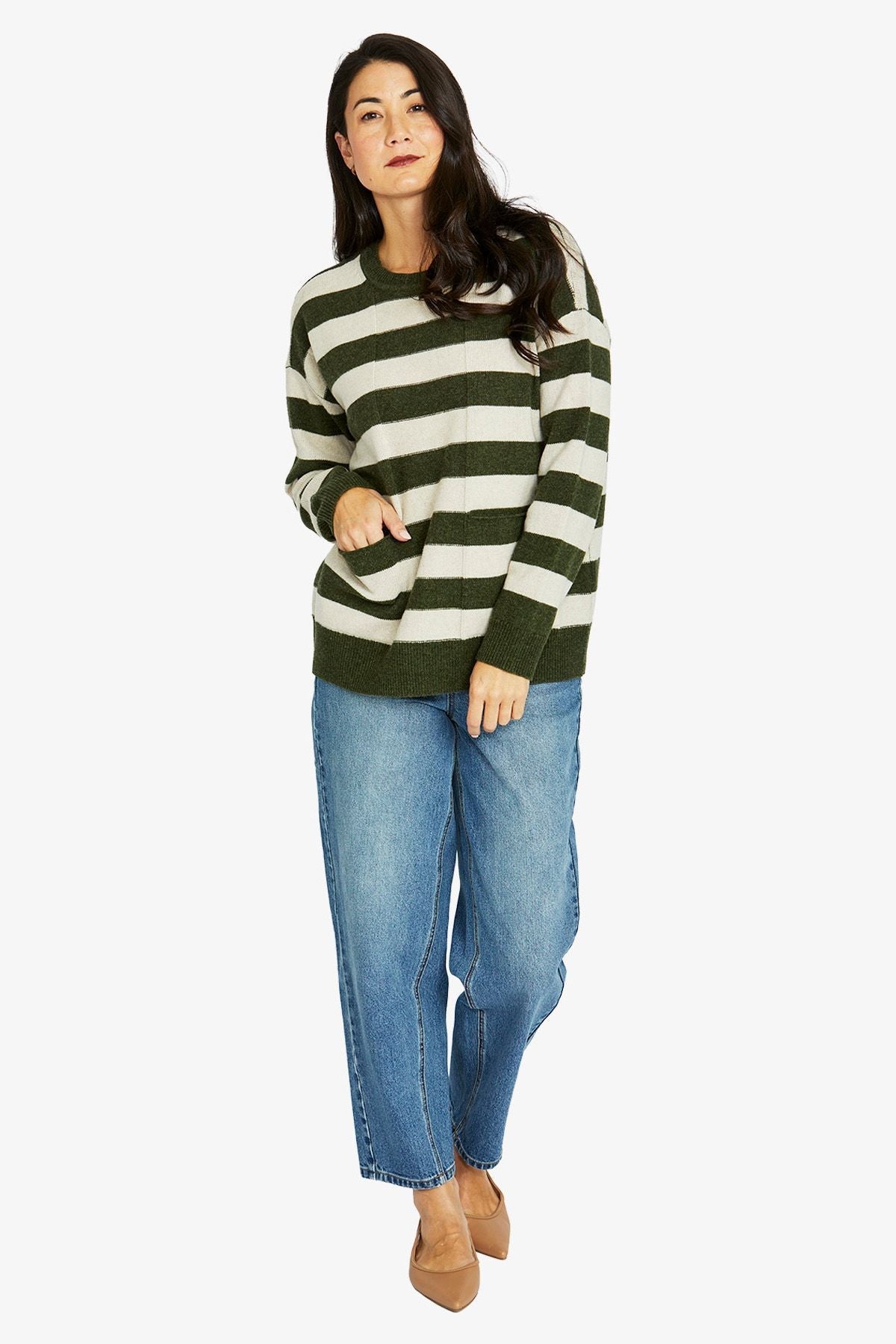 Jump Clothing Oversized Two Pocket Stripe Pullover - Thyme/Natural