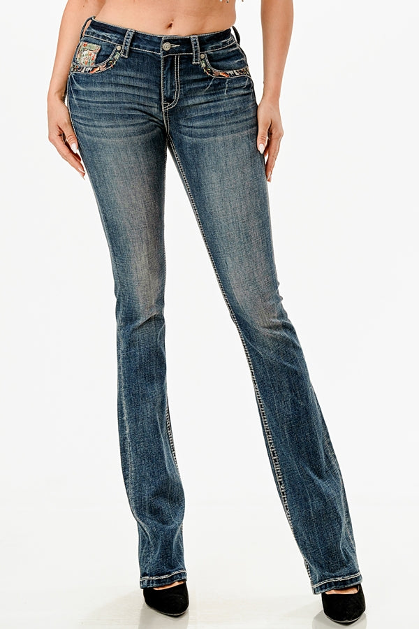 Mountain View Jeans Emb Mid-Rise Boot Cut 34" - Medium Wash Denim Blue