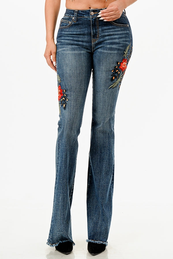 Floral Embroidery High Waist Flare - Medium Wash Denim Blue