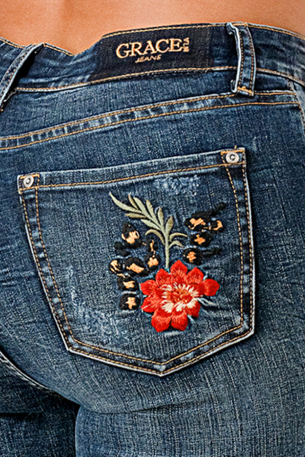 Floral Embroidery High Waist Flare - Medium Wash Denim Blue