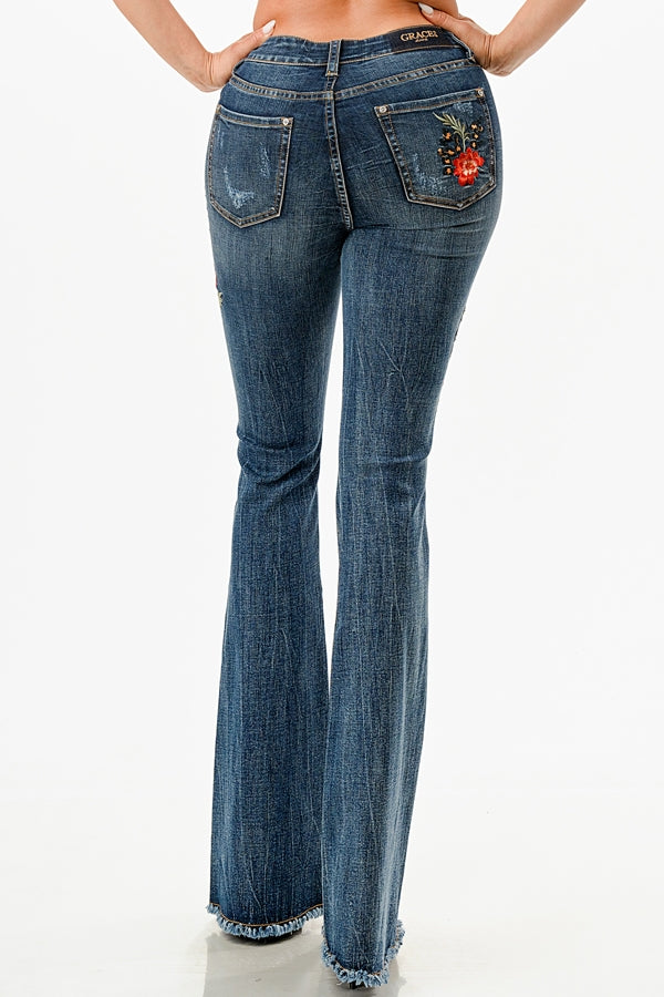 Floral Embroidery High Waist Flare - Medium Wash Denim Blue