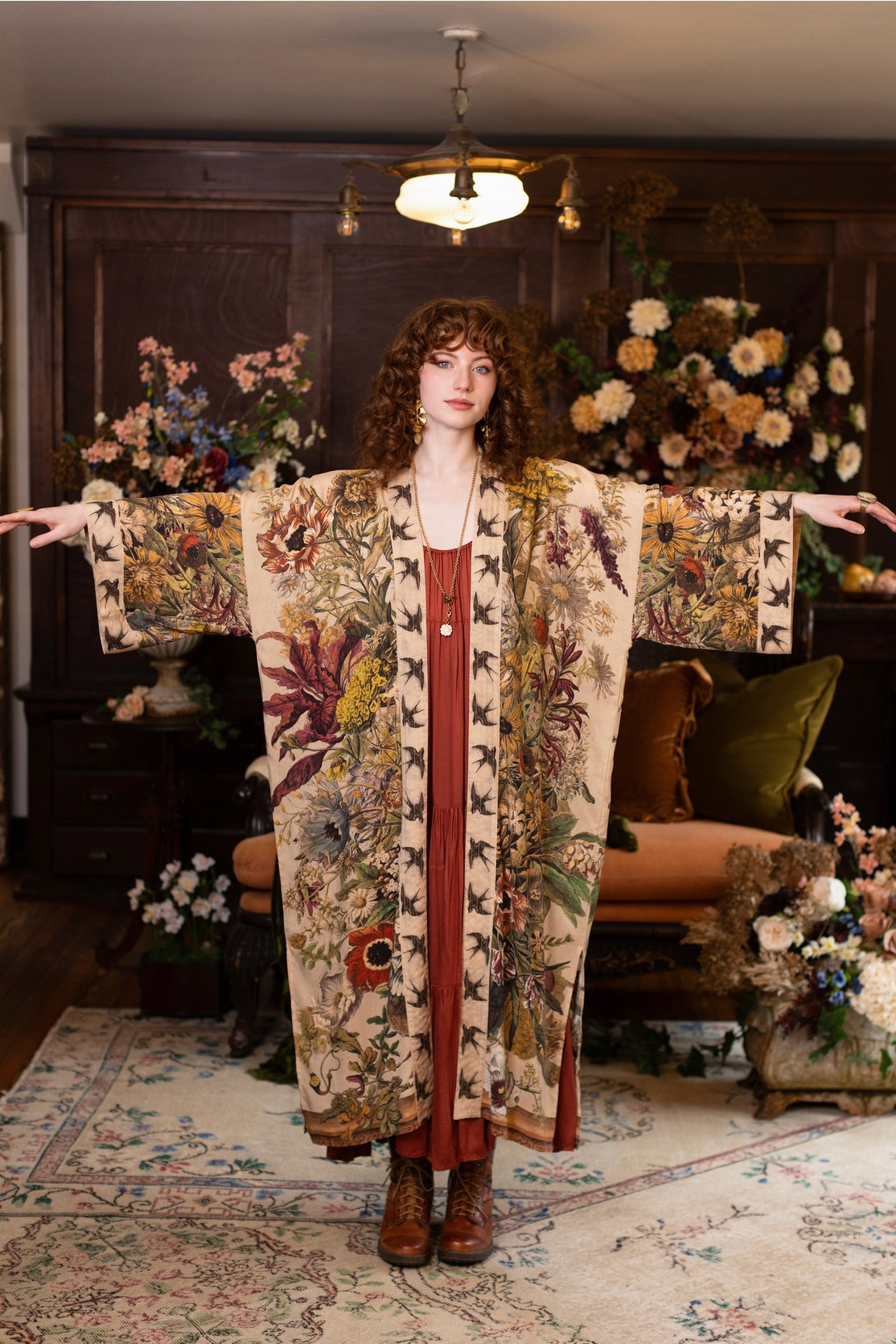 Market Of Stars - Opera Duster Bamboo Kimono Duster Robe - Golden Hour Floral