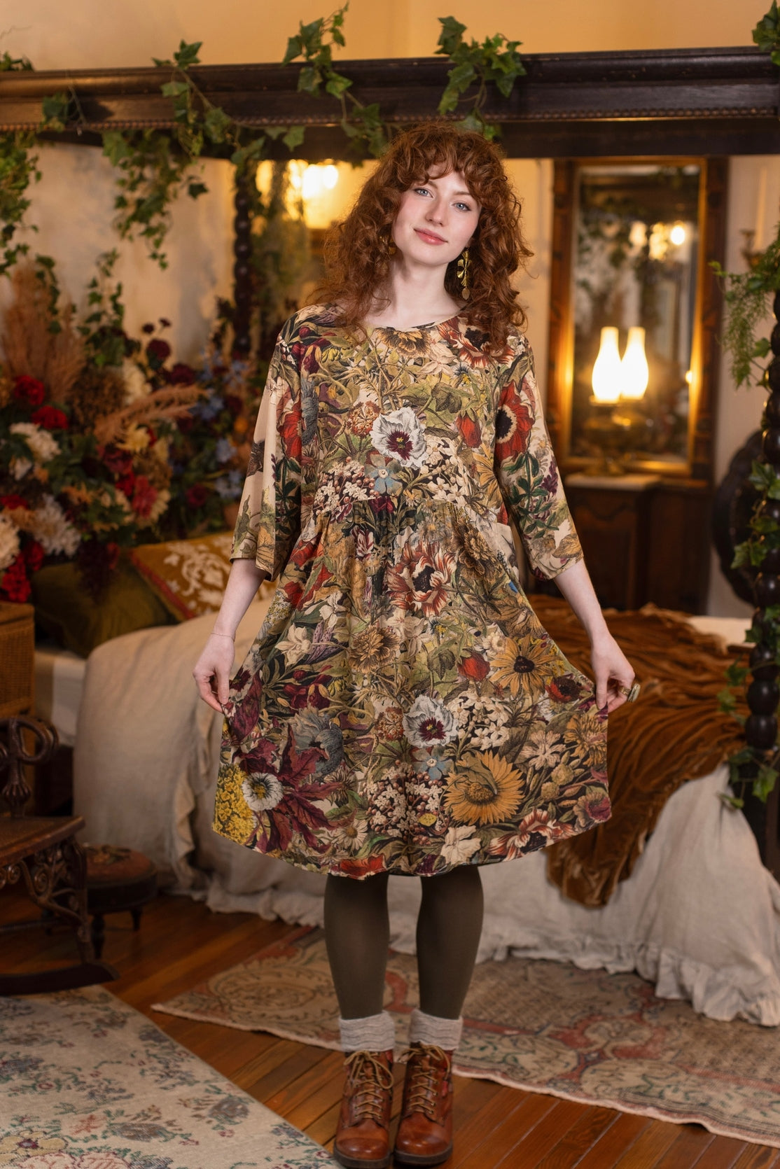 Market Of Stars - Artist Tunic Dress w Pockets - Golden Hour /Floral