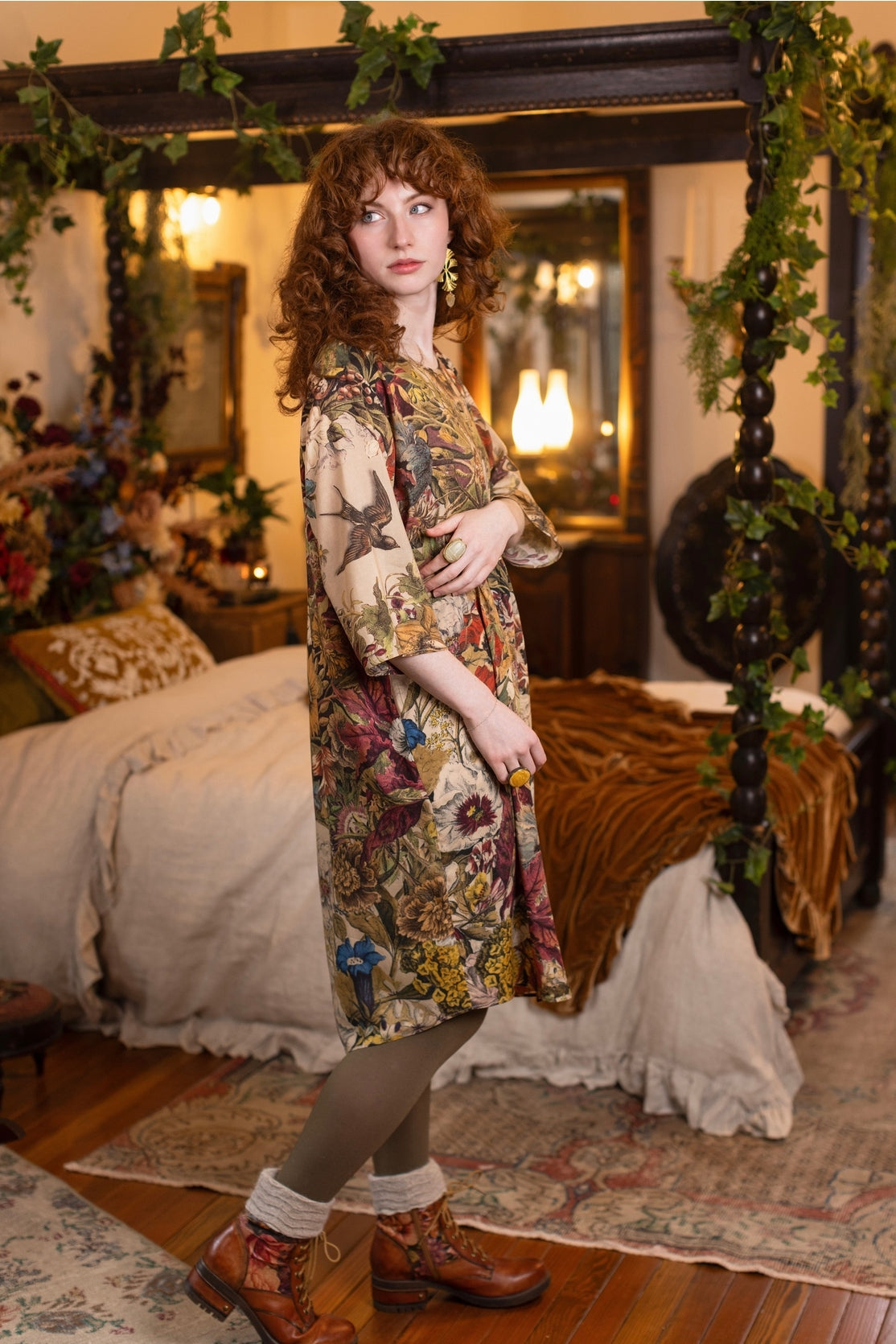 Market Of Stars - Artist Tunic Dress w Pockets - Golden Hour /Floral