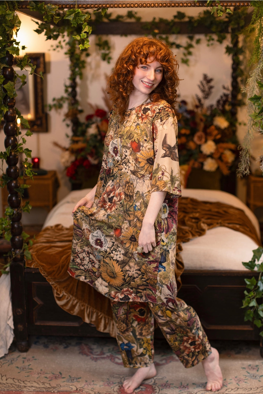 Market Of Stars - Artist Tunic Dress w Pockets - Golden Hour /Floral