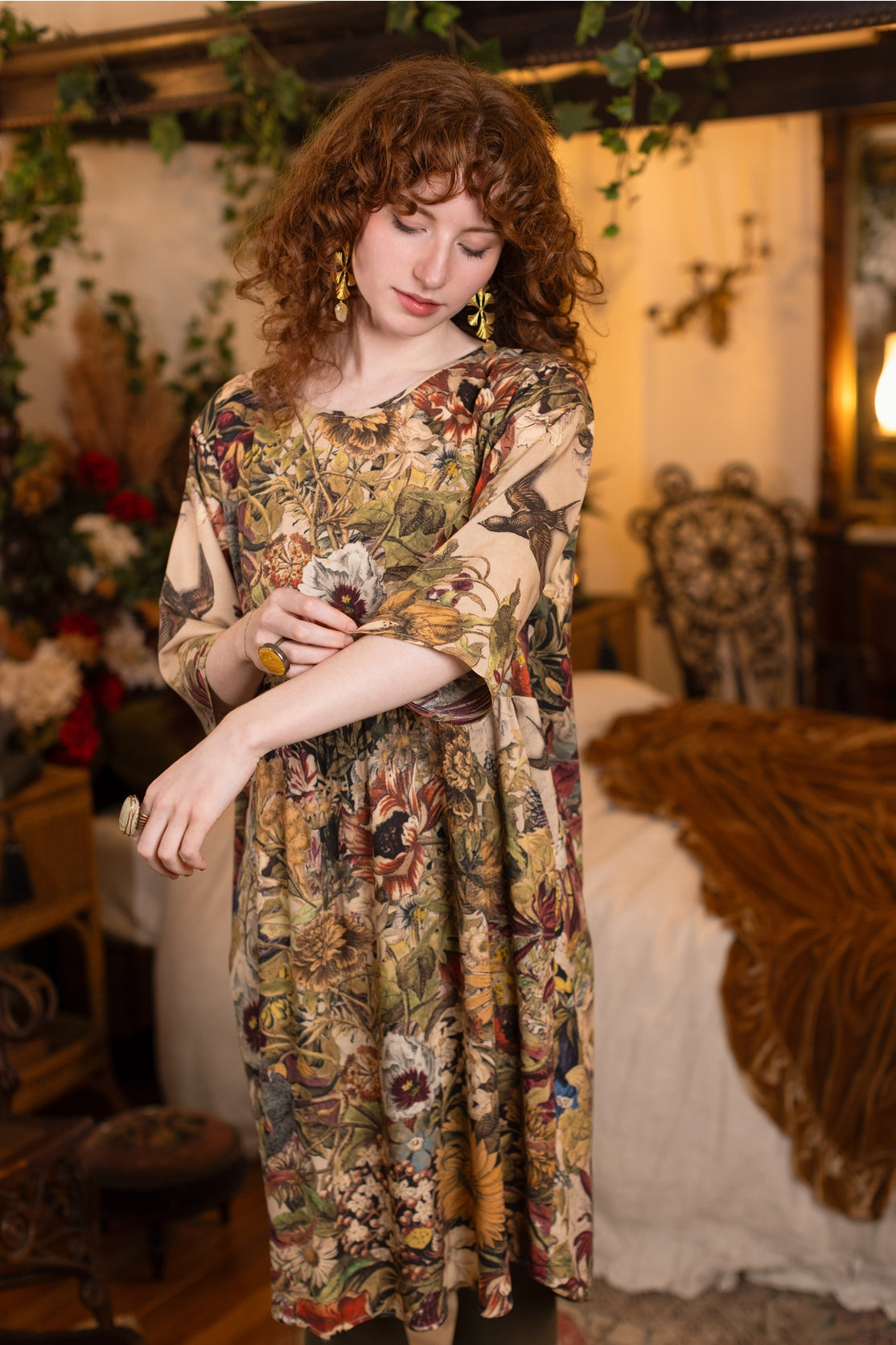 Market Of Stars - Artist Tunic Dress w Pockets - Golden Hour /Floral