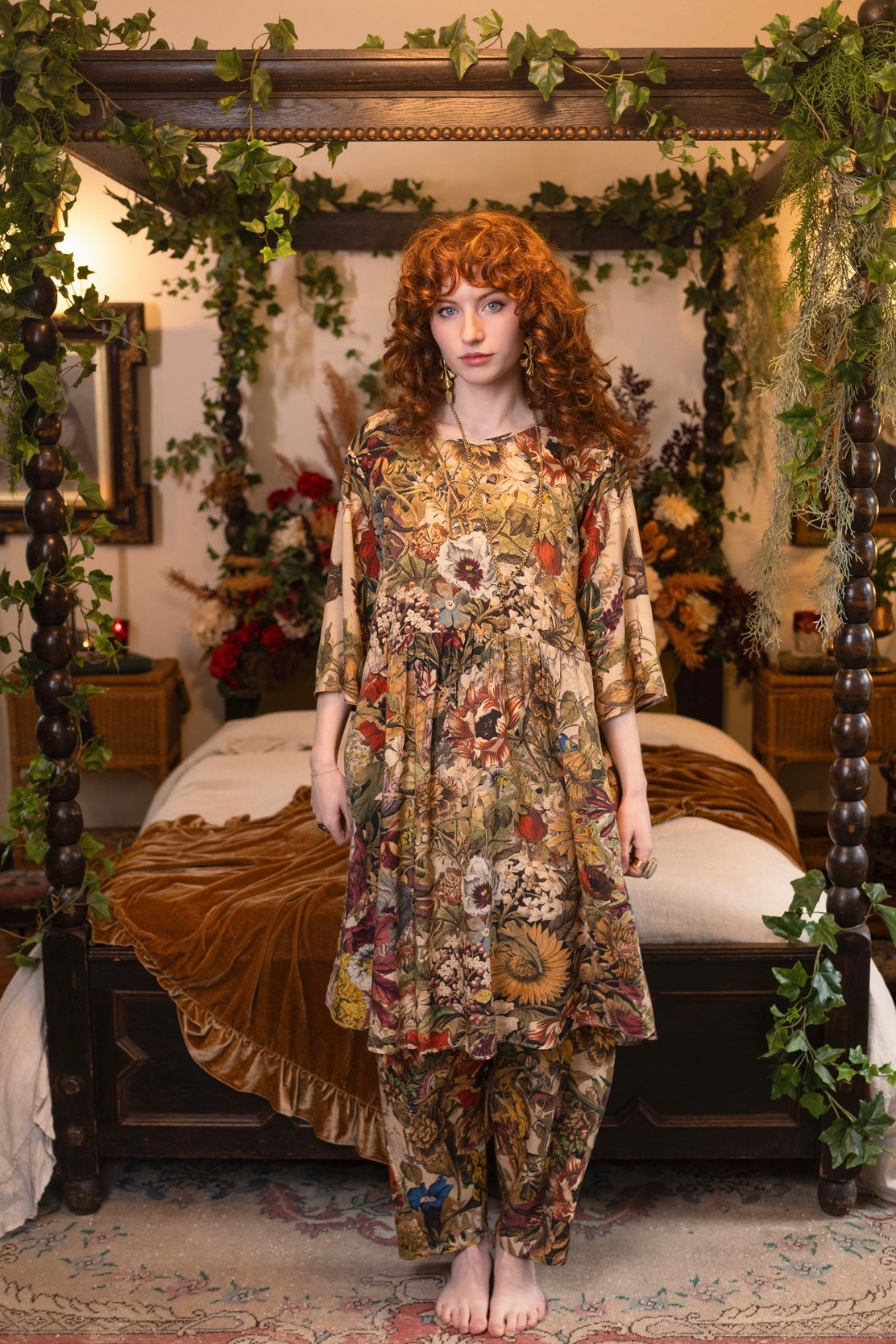 Market Of Stars - Artist Tunic Dress w Pockets - Golden Hour /Floral