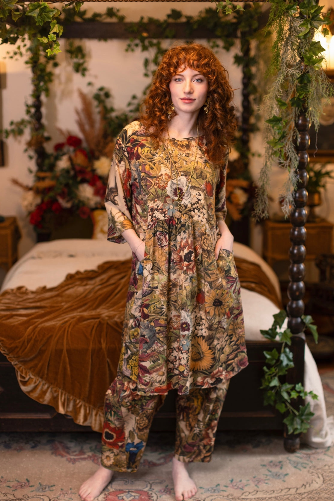 Market Of Stars - Artist Tunic Dress w Pockets - Golden Hour /Floral