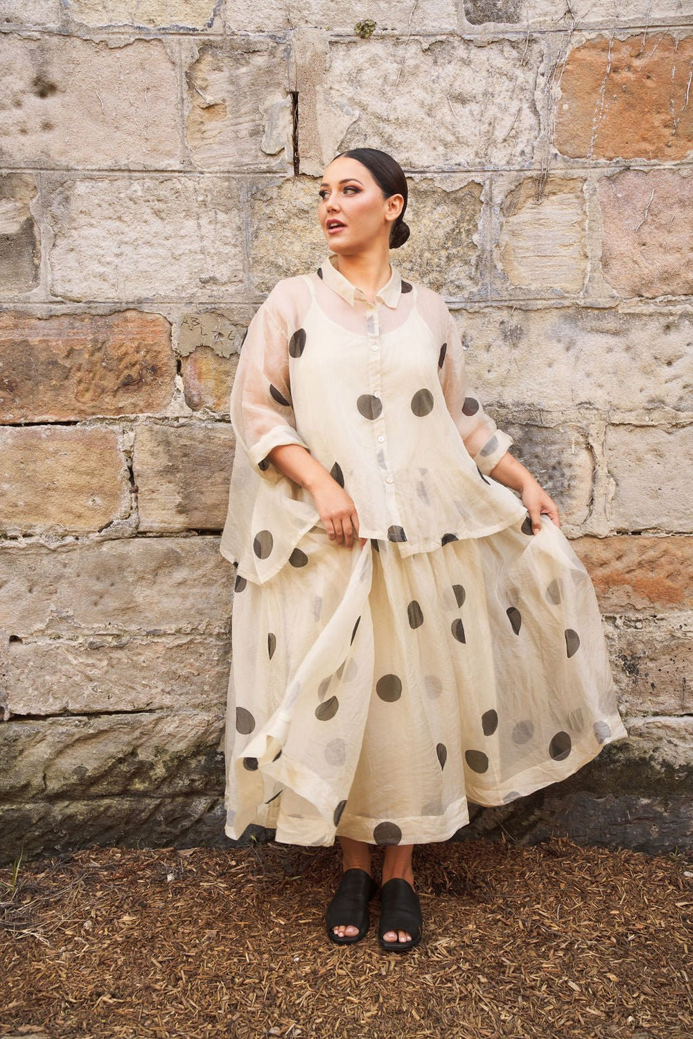 Meg By Design - High Tea Slip Long Silk Organza Dress - Ecru Dot
