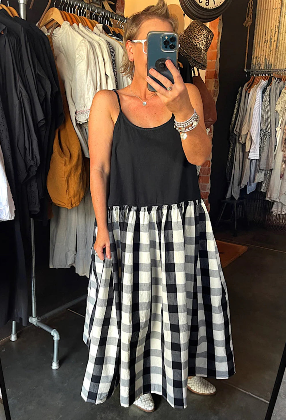 Meg By Design - High Tea Slip Dress Long Cotton Canvas - Monochrome Check