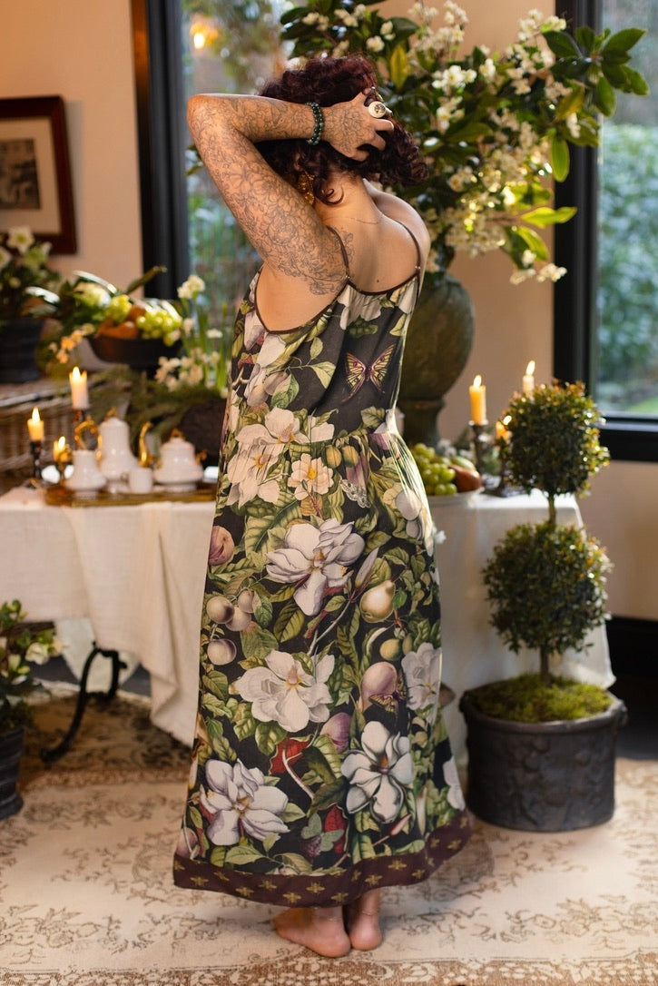 Market Of Stars ‘Fleur De Lune’ Print Bohemian Long Maxi Bamboo Slip Dress - Florals & Bees