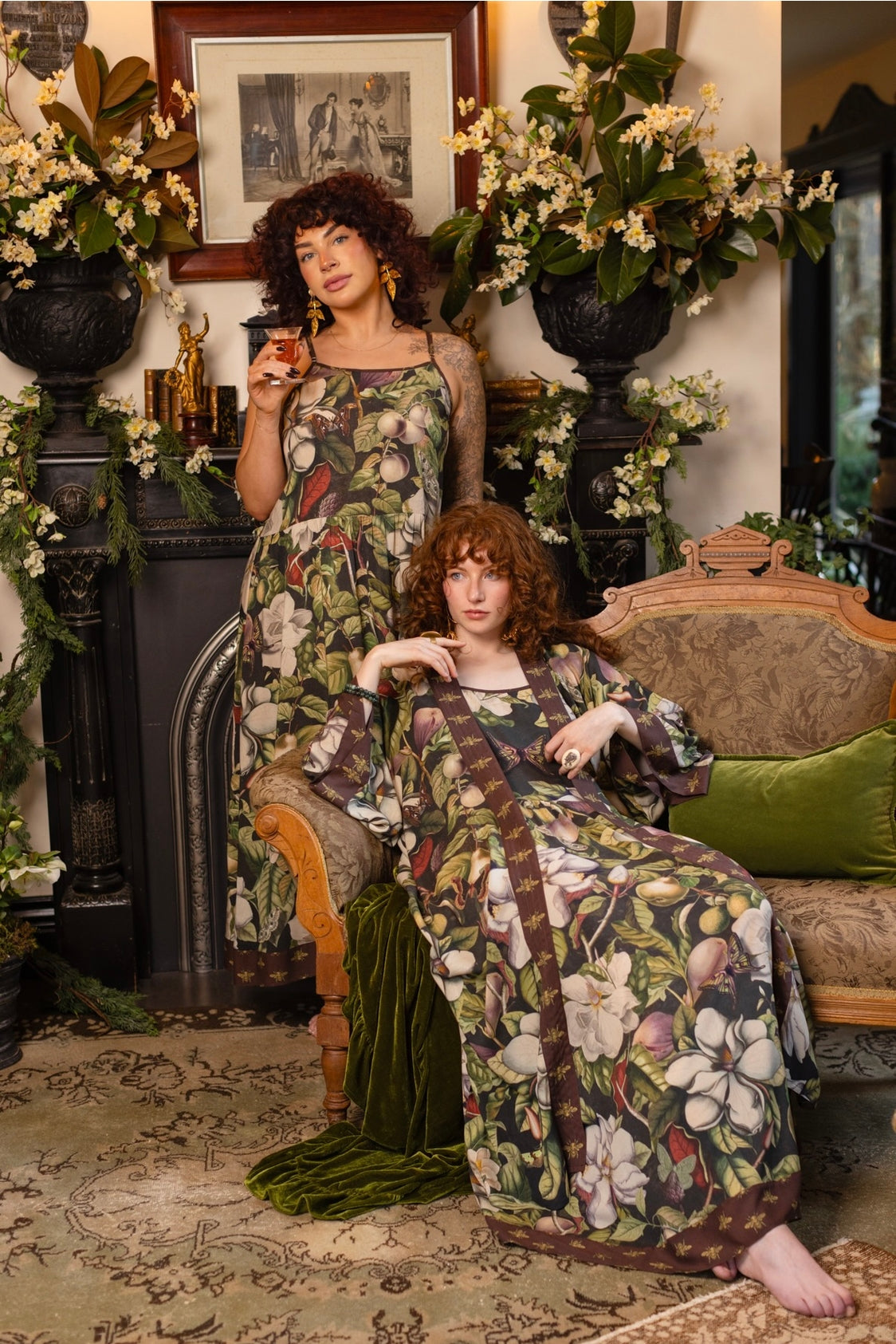 Market Of Stars ‘Fleur De Lune’ Print Bohemian Long Maxi Bamboo Slip Dress - Florals & Bees