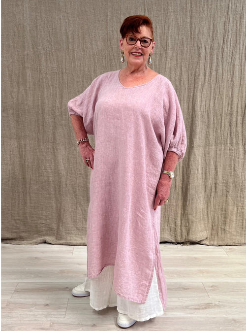 Rustic Linen ‘Rosa’ Elasticated Sleeve Kaftan - Chambray Fondant Pink