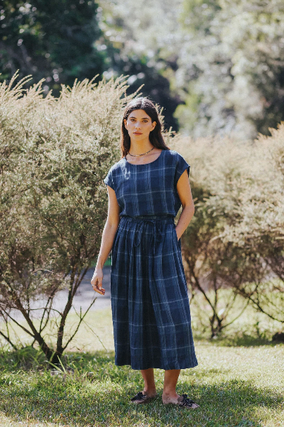 Montaigne - Amélie - Linen Skirt W/ Belt - Blue Check