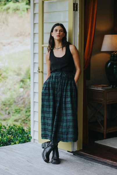 Montaigne - Amélie - Linen Skirt W/ Belt - Green & Black Plaid